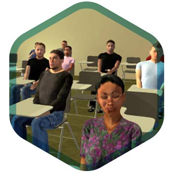 A virtual audience in a classrom is seen.